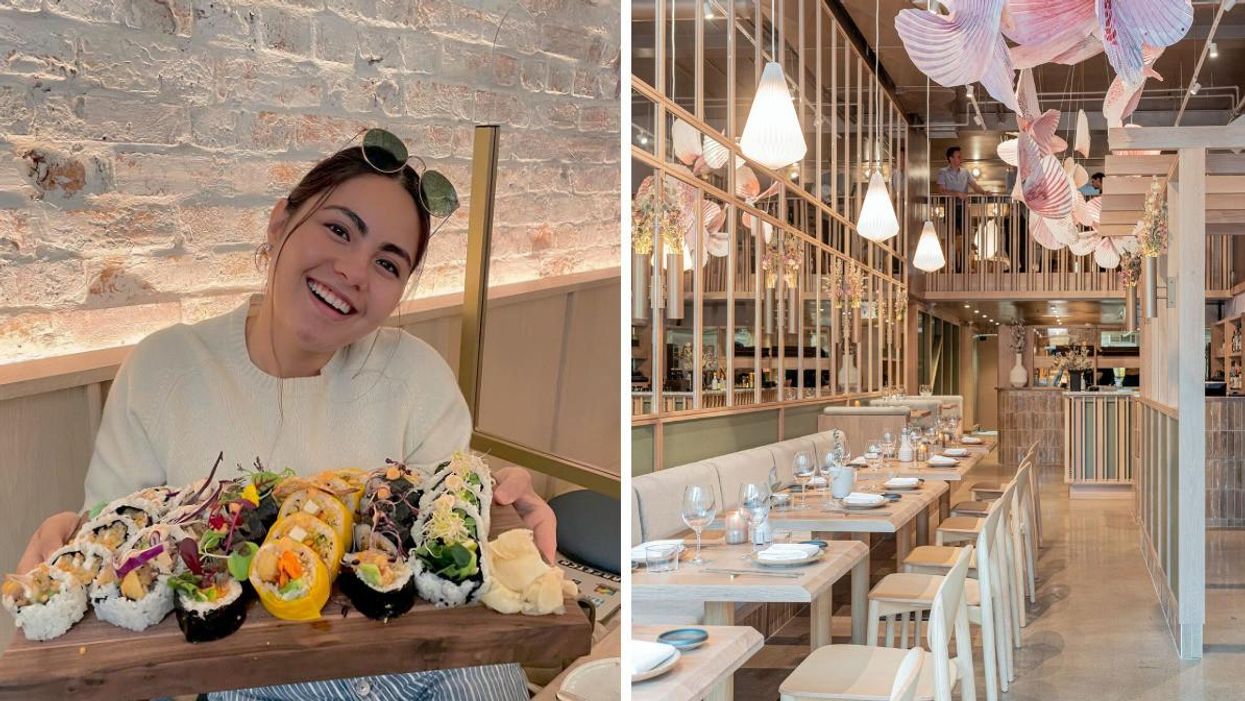 Cliente au Bloom Sushi. Droite : Nouvelle succursale Bloom Sushi à Montréal.