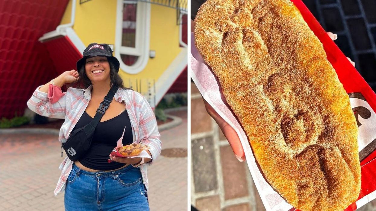 Cliente avec une Queue de Castor. Droite : Queue de castor à la cannelle et au sucre.