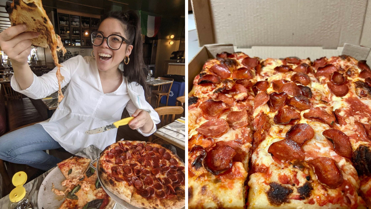 Cliente du Vesta MTL qui mange des pizzas. Droite : Pizza pepperoni et fromage.