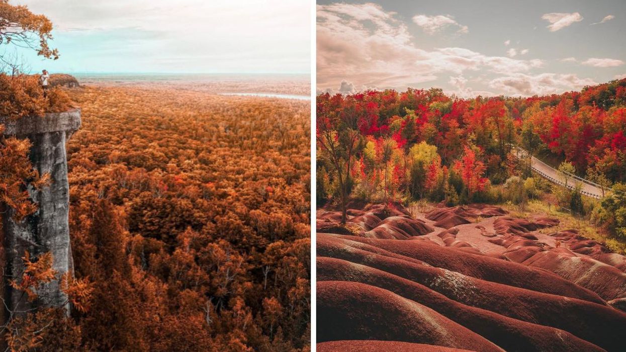 Cliff surrounded by fall colours. Right: Cheltenham Badlands during the fall.