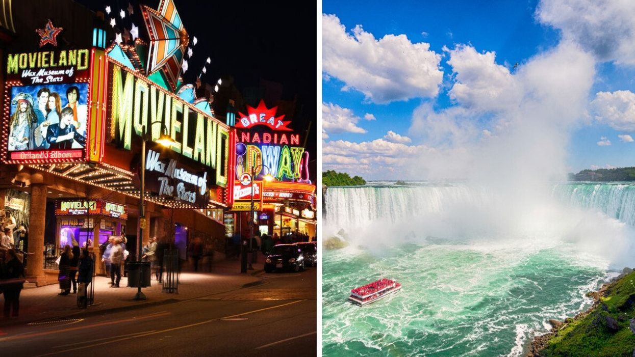 Clifton Hill in Niagara Falls at night. Right: Niagara Falls on a sunny day.