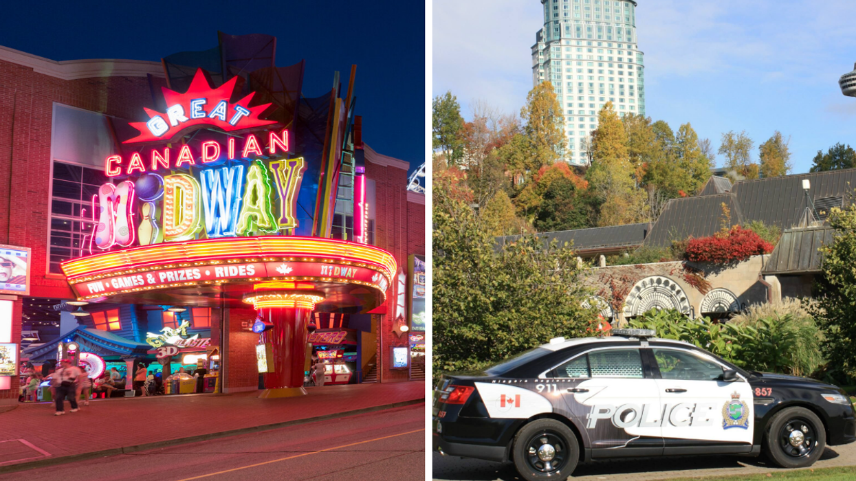 Clifton Hill's Great Canadian Midway. Right: A Niagara Regional Police Service car.