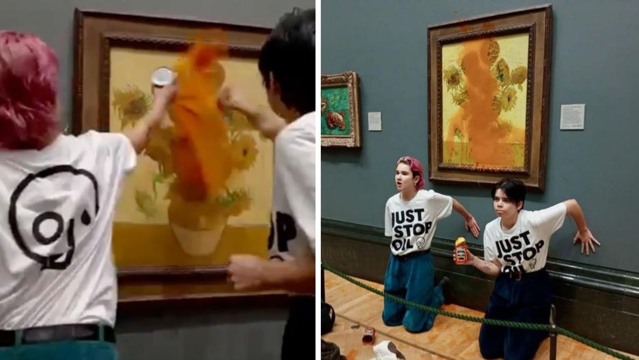 Climate protesters throwing tomato soup on Vincent Van Gogh painting. Right: Protesters glued their hands to the wall under painting.