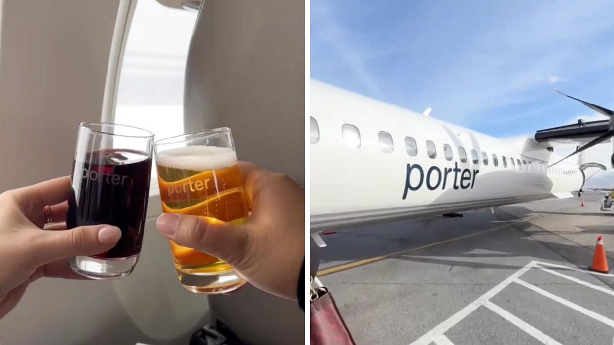 Clinking glasses on a Porter Airlines flight. Right: side of a Porter Airlines plane.