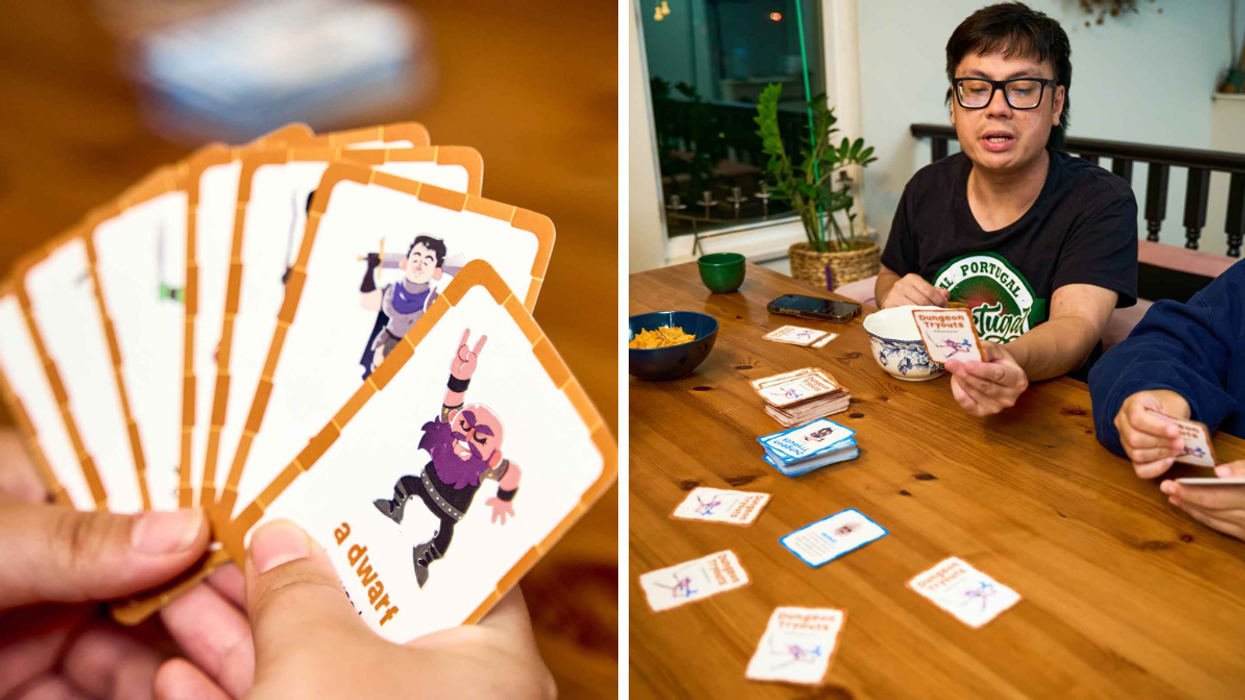 Close-up of a hand holding illustrated Dungeon Tryouts game cards featuring quirky characters. Right: Players sitting around a wooden table playing Dungeon Tryouts card game with cards and snacks.