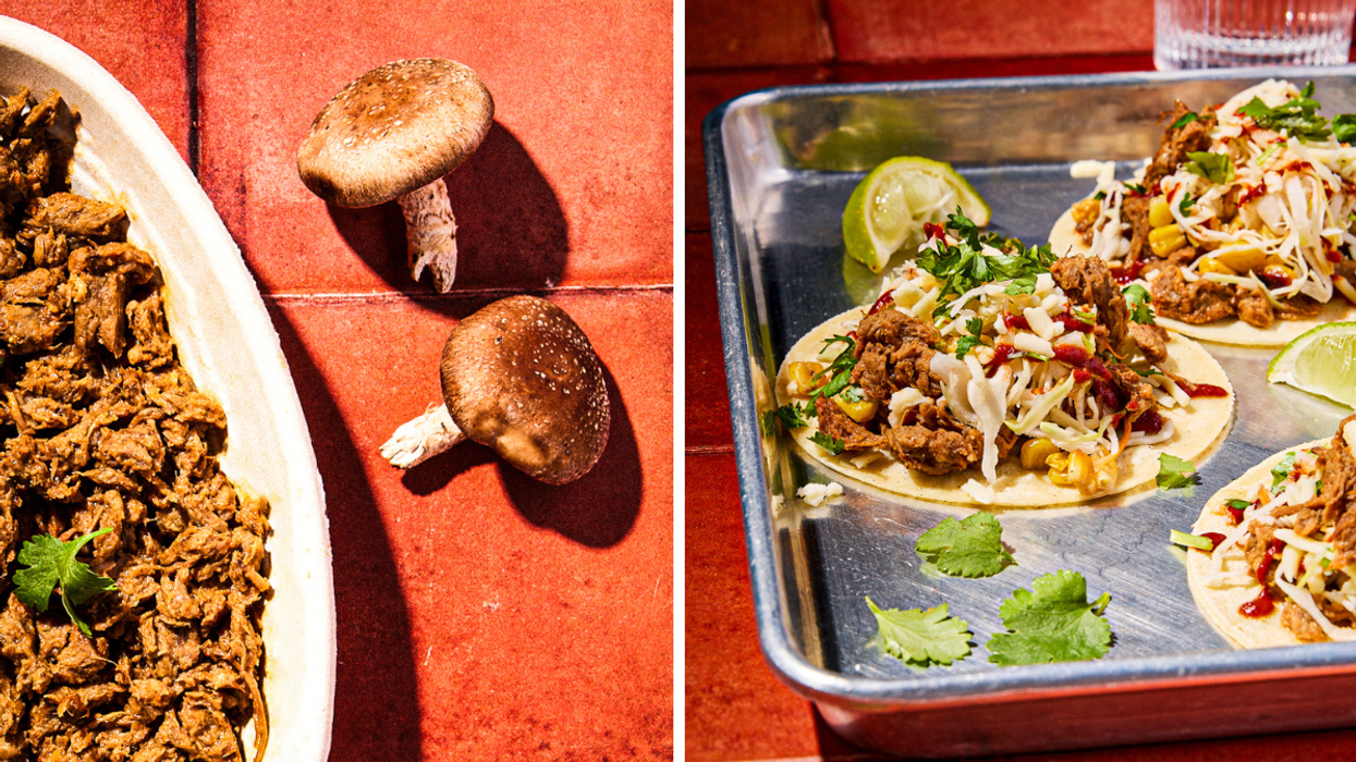 Close-up of slow-roasted shiitake mushroom carnitas with whole shiitake mushrooms on a red tile surface., Right: Shiitake carnitas tacos topped with cabbage, corn, fresh cilantro, and lime wedges on a metal tray.