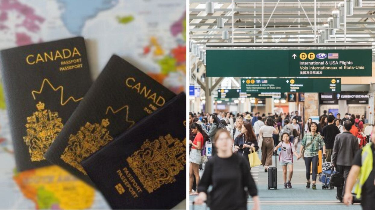Close-up of three Canadian passports on a colourful map background. Right: Crowded airport terminal with travellers walking under signs for international and U.S. flights.