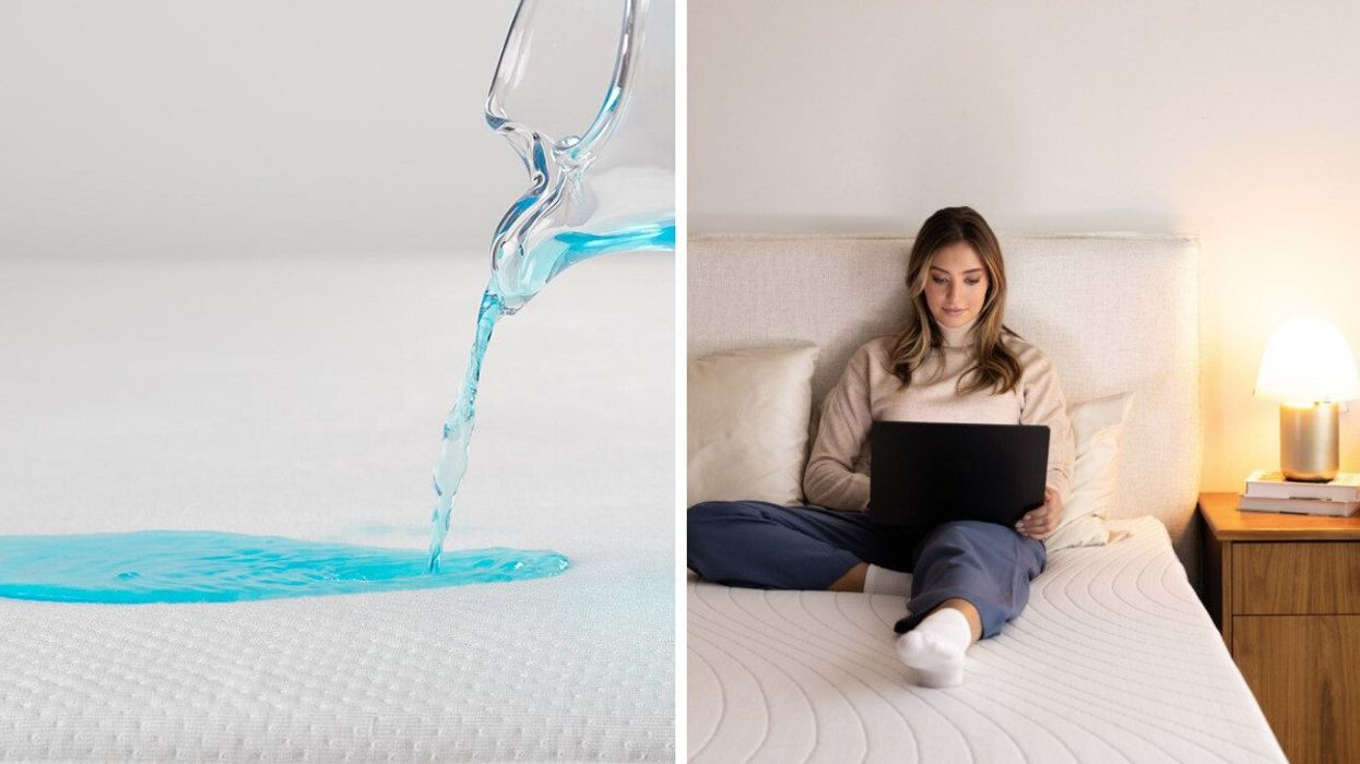 Close-up of water being poured onto a waterproof mattress surface, showing liquid resistance. Right: Woman sitting on a bed with a laptop, working comfortably on a mattress in a cozy, well-lit bedroom.
