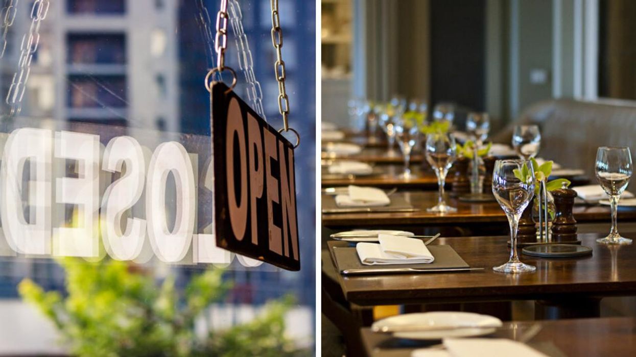 Closed and Open sign. Right: Table at a restaurant.