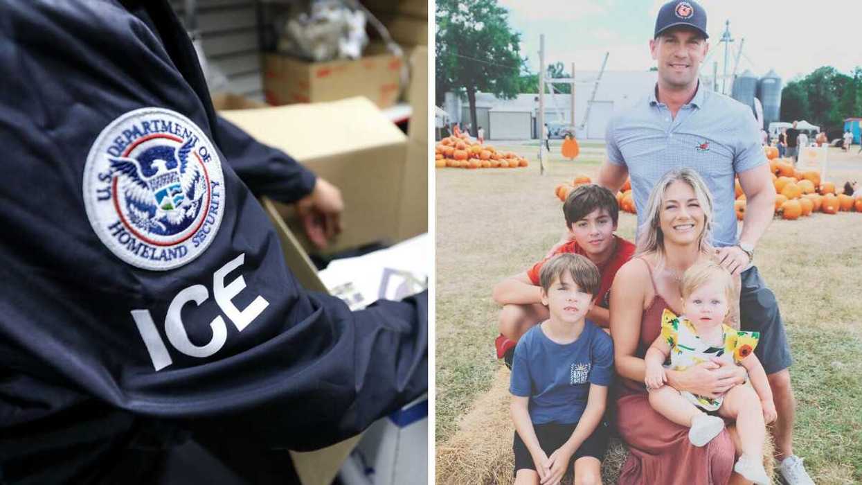 Closeup of a jacket sleeve with U.S. Department of Homeland Security seal and "ICE". Right: Curtis Wright and his family.