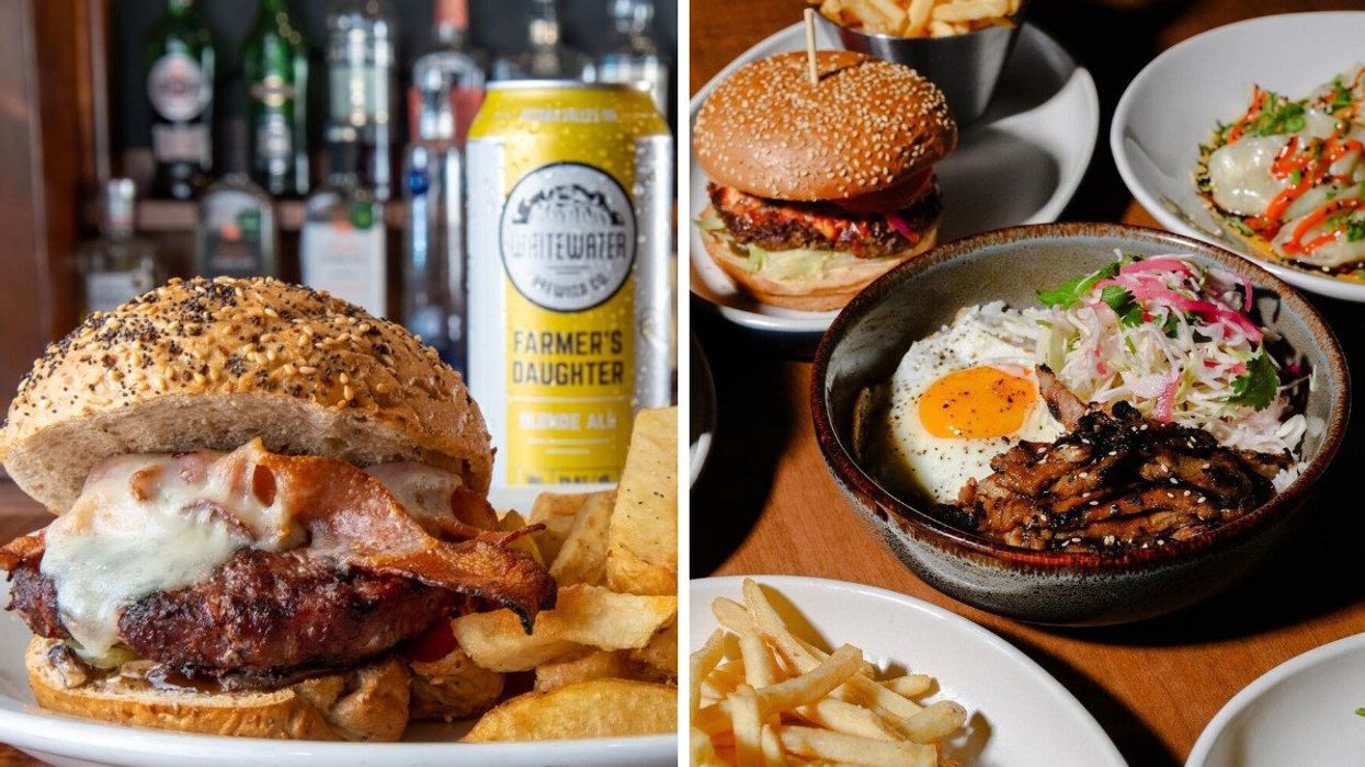 Closeup of a large burger with fries and a canned beer. Right: various plates of food on a table.