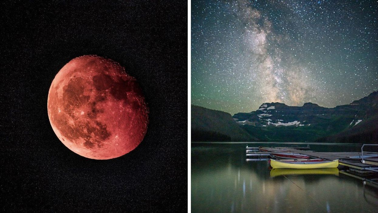 Closeup of the moon illuminated red. Right: Milky Way over a mountain and a lake in Canada.