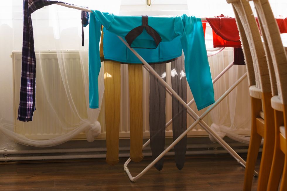 clothes drying on a drying rack