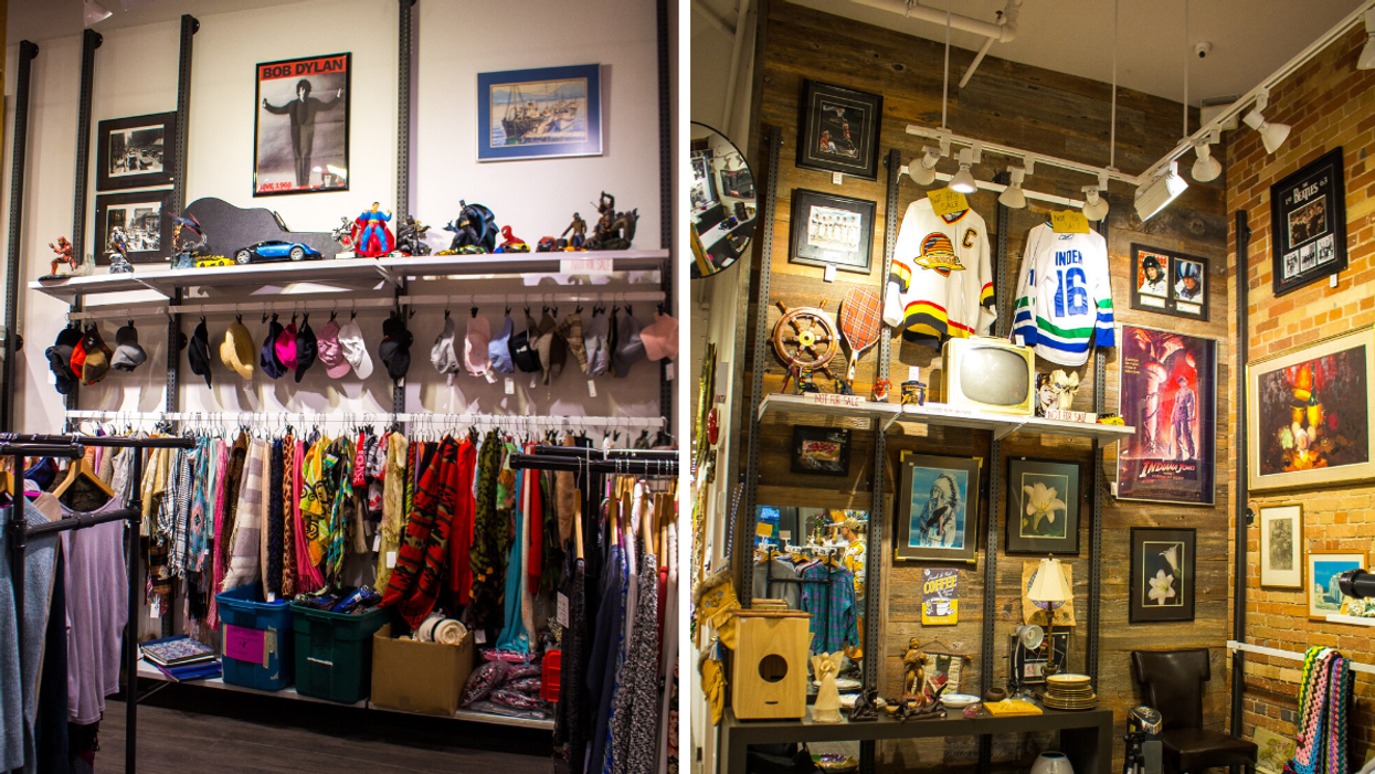 Clothes in a thrift shop. Right: posters, paintings and other antiques at a thrift store.