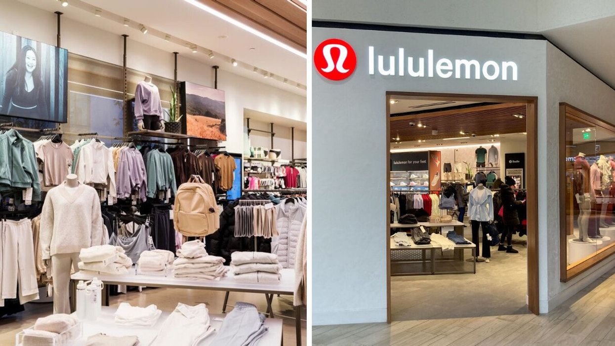 Clothing on display inside of a Lululemon store. Right: The exterior of a Lululemon store.