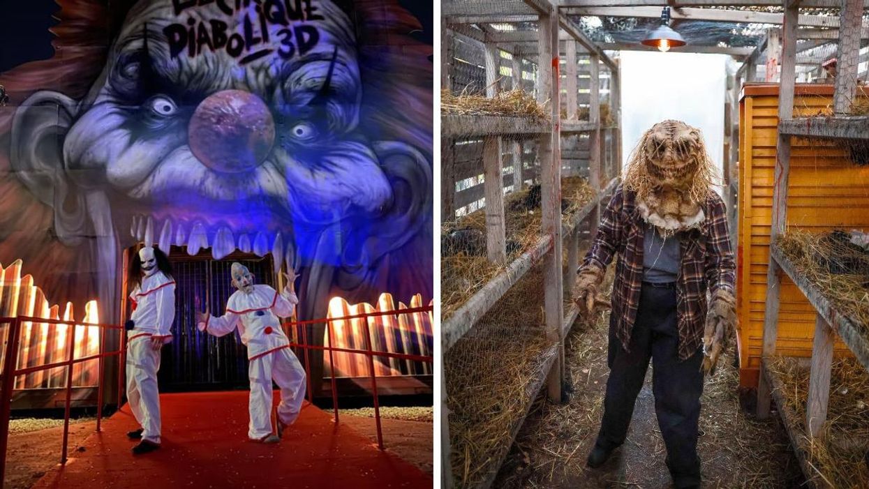 Clowns at La Ronde's Fright Fest. Right: A scarecrow from the Cursed Farm at Fright Fest.