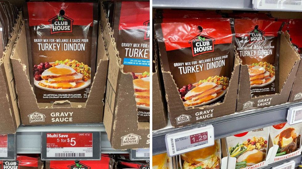 club house gravy mix on a shelf at walmart. right: turkey gravy mixes at fortinos.