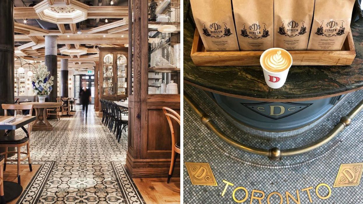 Cluny Bistro interior. Right: Dineen Coffee Co. with latte art and coffee beans on display.
