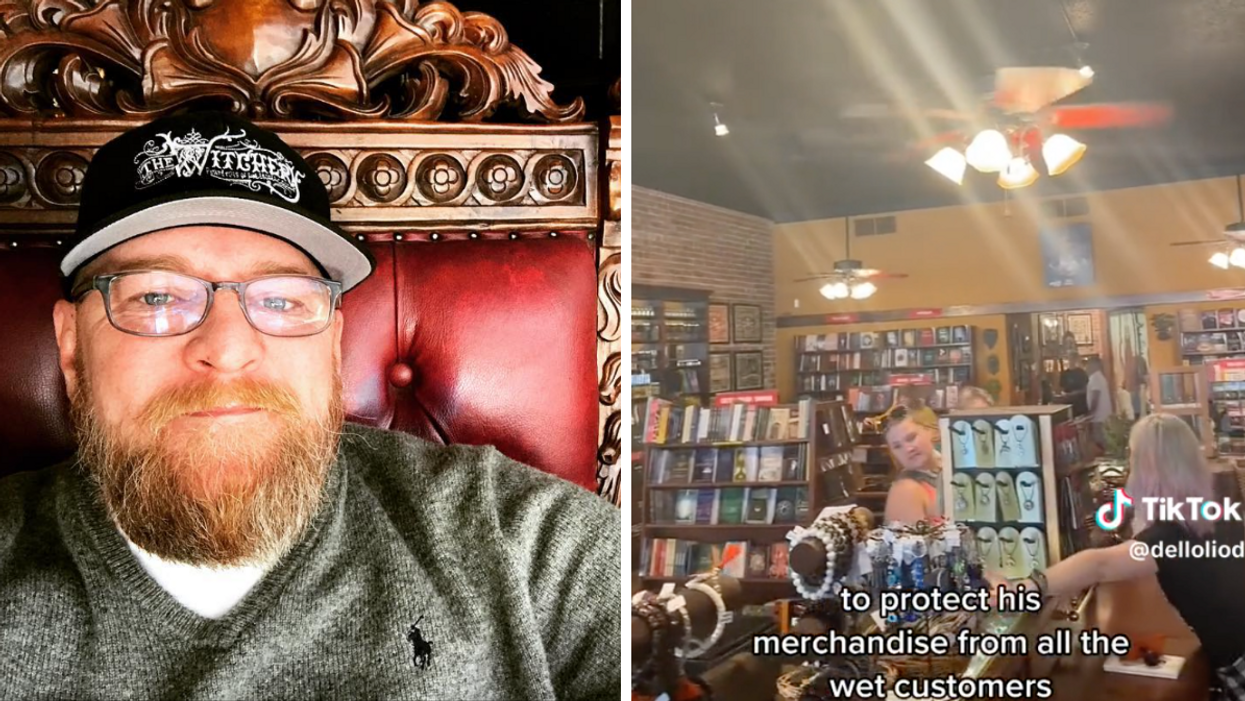 Clyde, The Witchery Bookstore manager. Right: The Witchery Bookstore with customers locked inside.