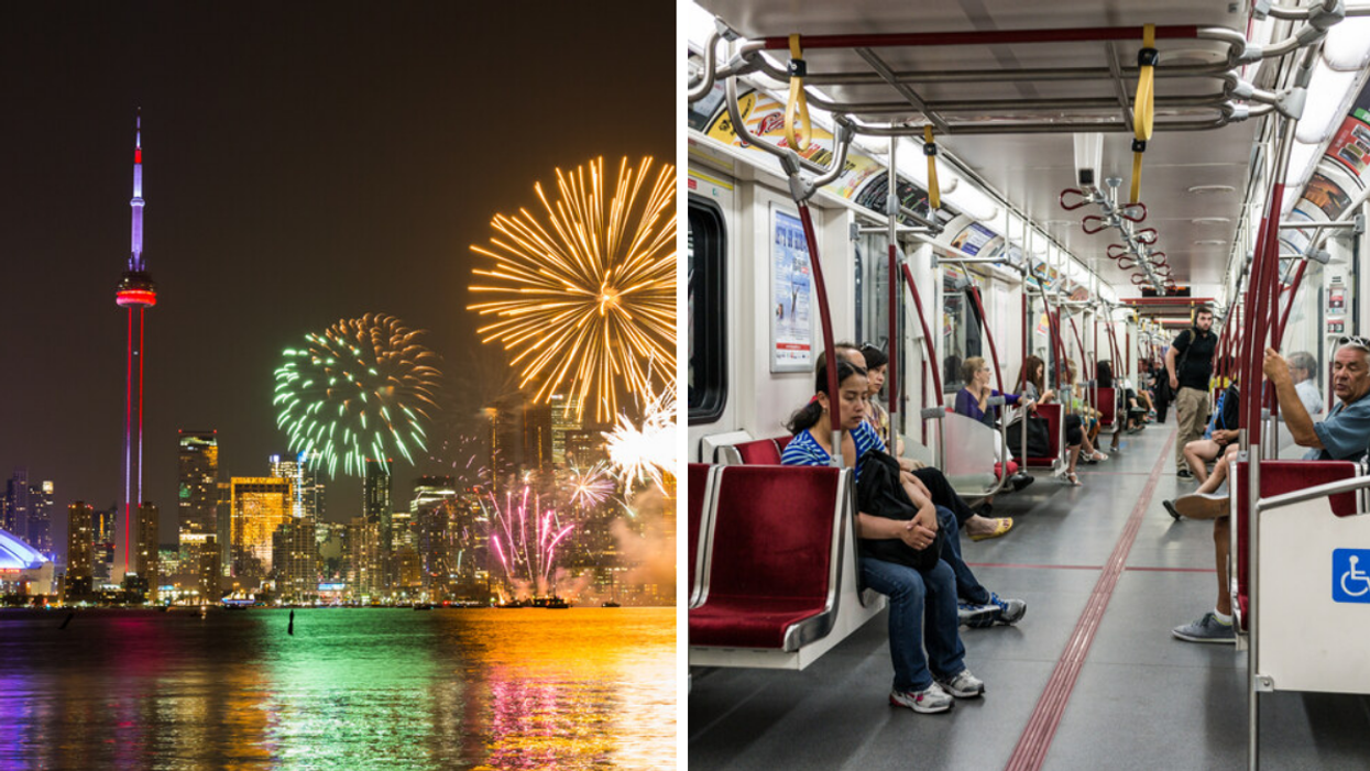 CN Tower and fireworks. Right: TTC Subway.