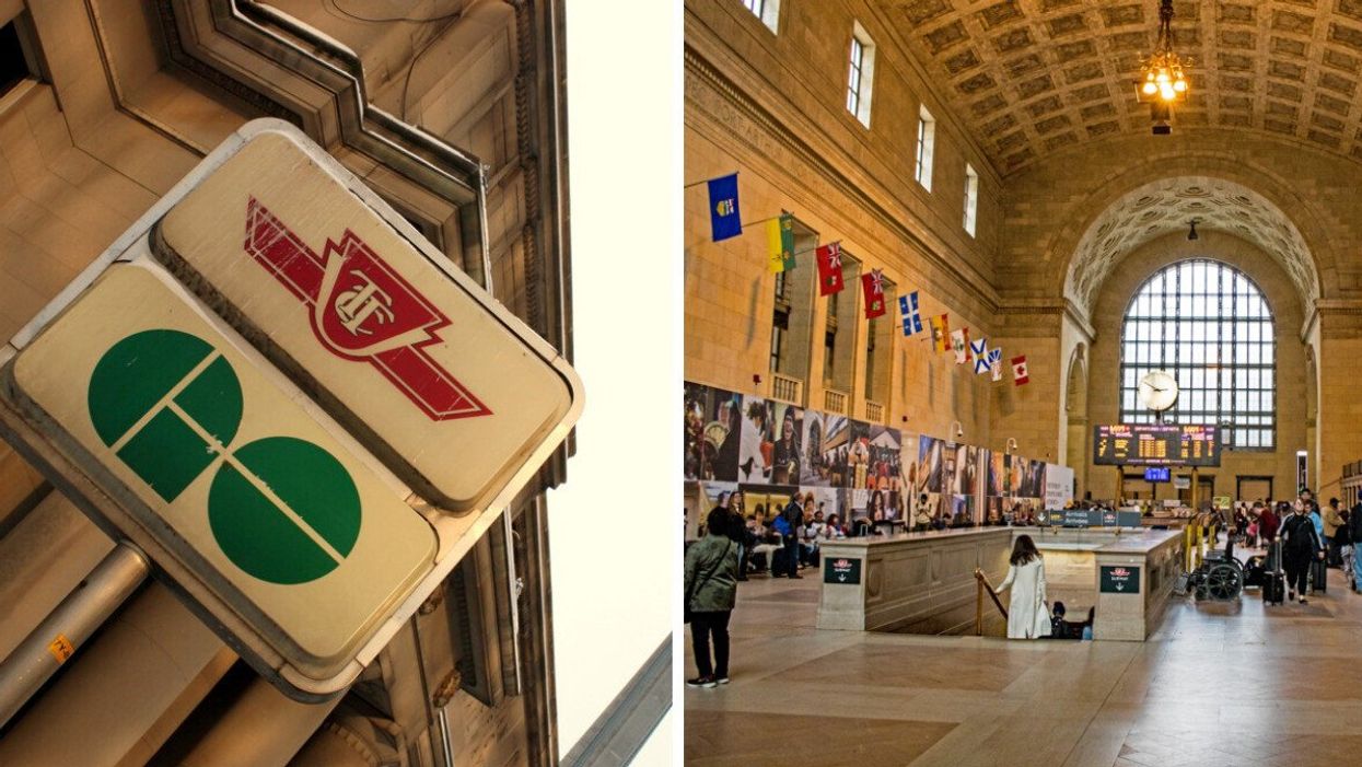 CN Tower and GO Transit Sign. Right: Main Lobby Of Union Station In Toronto.