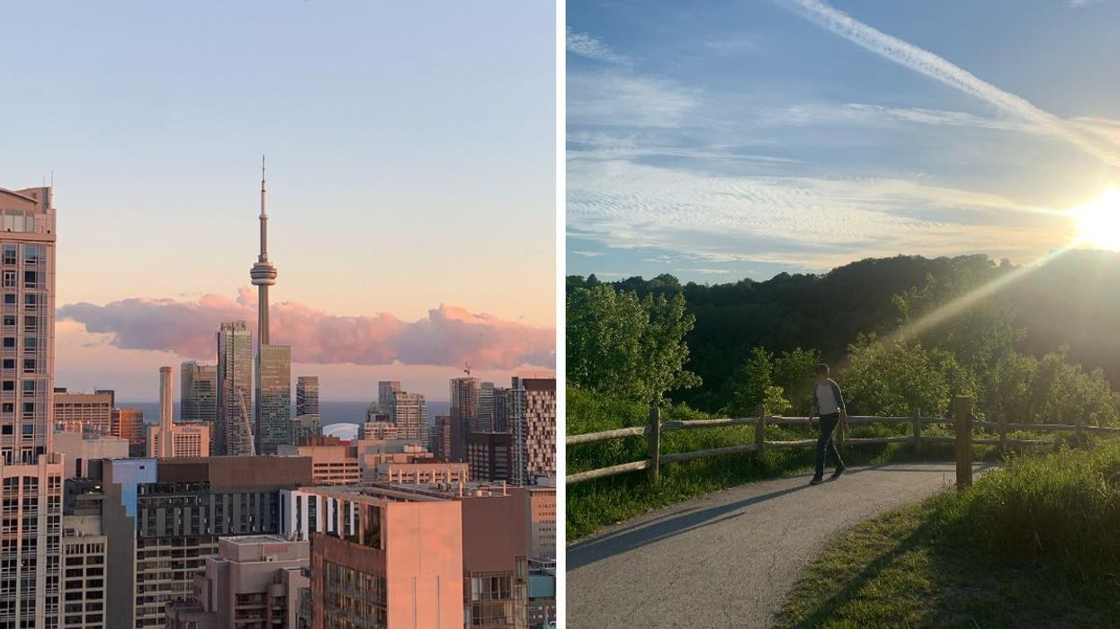 CN tower and surrounding buildings in Toronto. Right: Someone walking on a path in the Evergreen Brick Works.