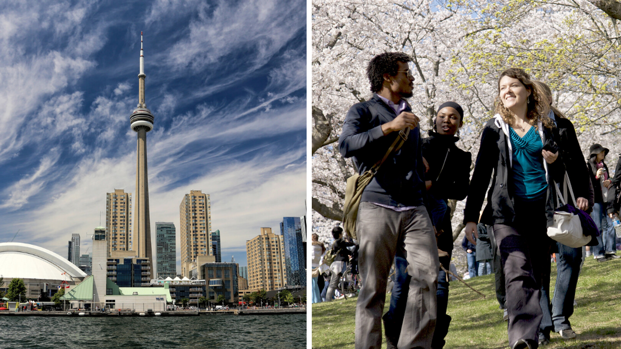 CN Tower and Toronto skyline, Right: People visiting High Park In in Toronto during Cherry Blossom Festival.