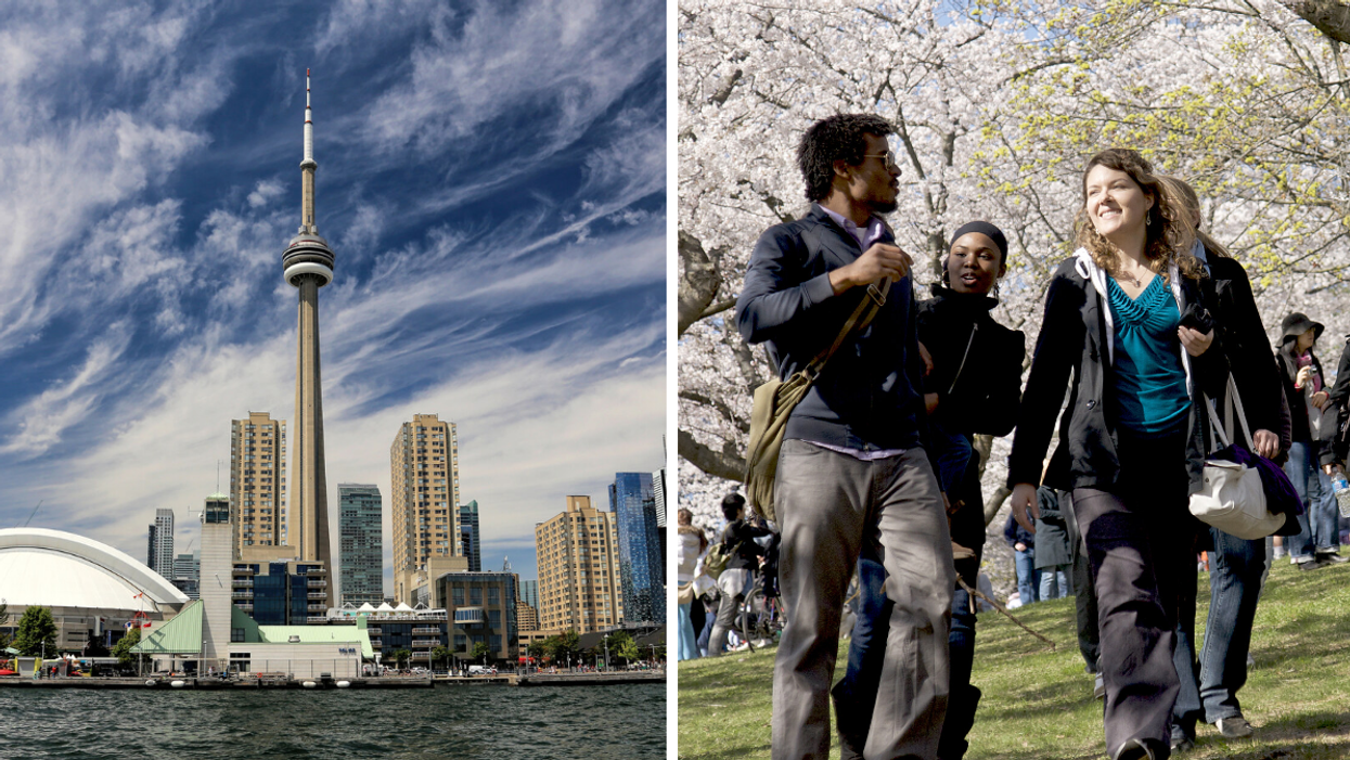 CN Tower and Toronto skyline, Right: People visiting High Park In in Toronto during Cherry Blossom Festival. 