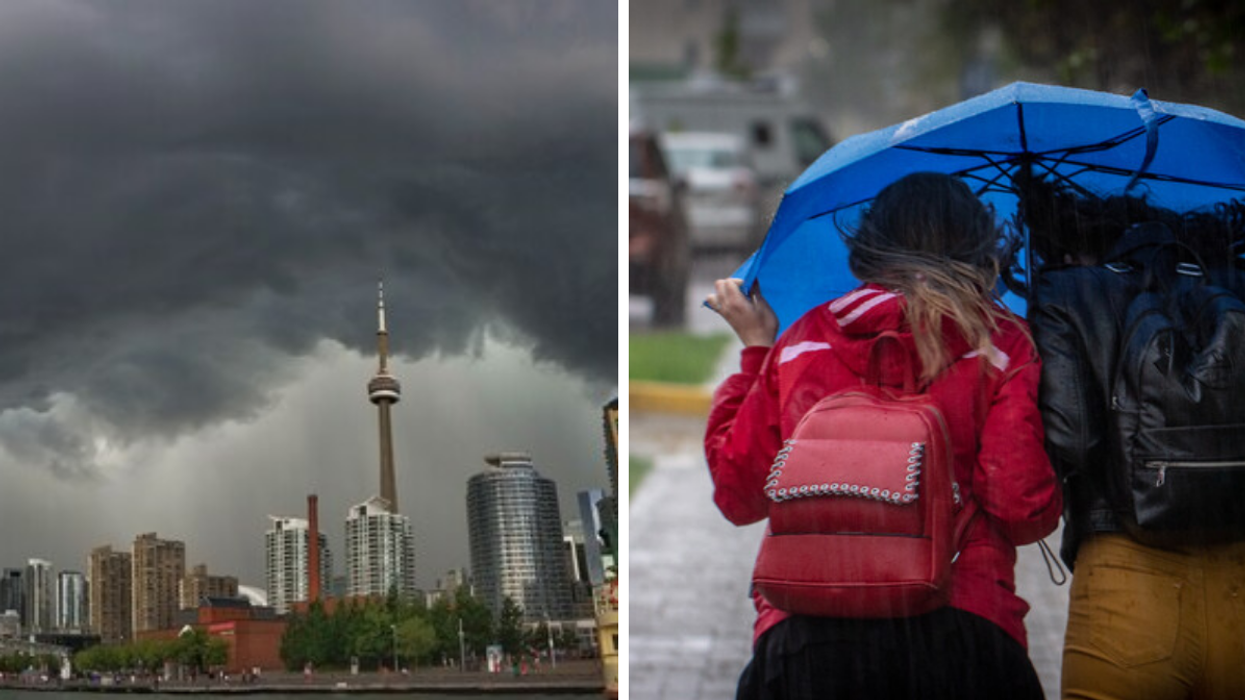 CN Tower in a storm. Right: Two people under an umbrella.