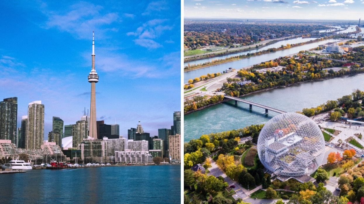 CN tower in Toronto. Right: Aerial view of Montreal.
