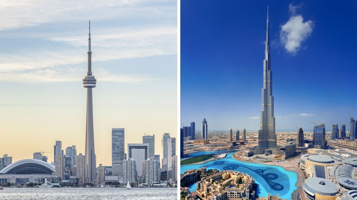 CN Tower in Toronto. Right: Burj Khalifa in Dubai.