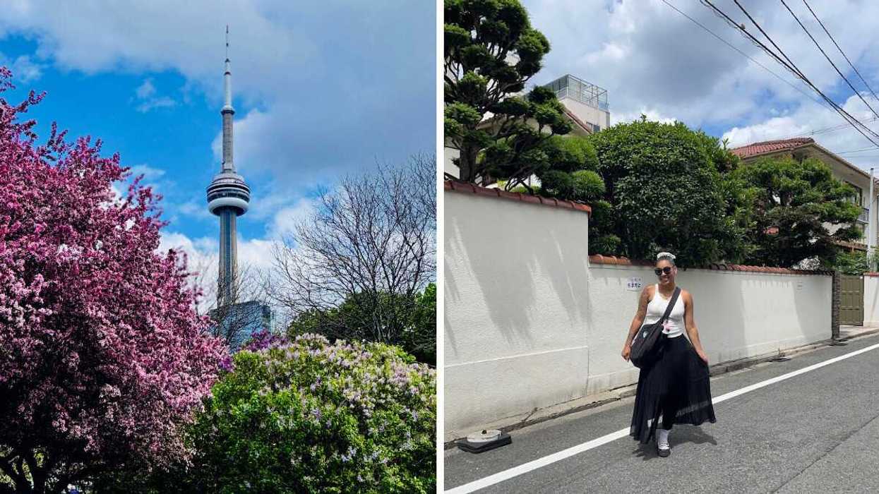 CN Tower in Toronto surrounded by greenery with a pink-flowering tree in the foreground., Right: Person smiling outdoors.