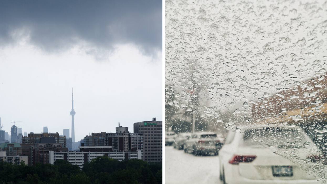 CN Tower on a gloomy day. Right: Snow on a car windshield.