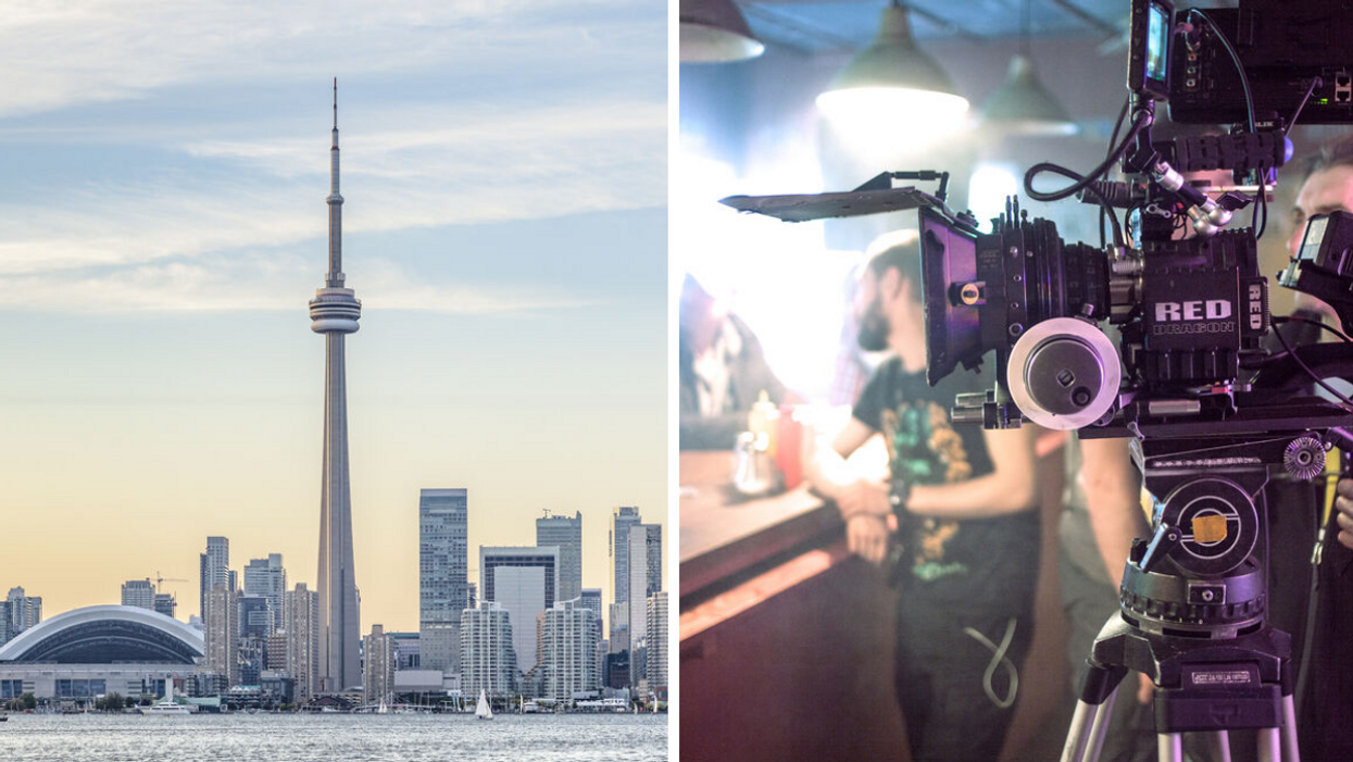 CN Tower. Right: Camera and film crew.