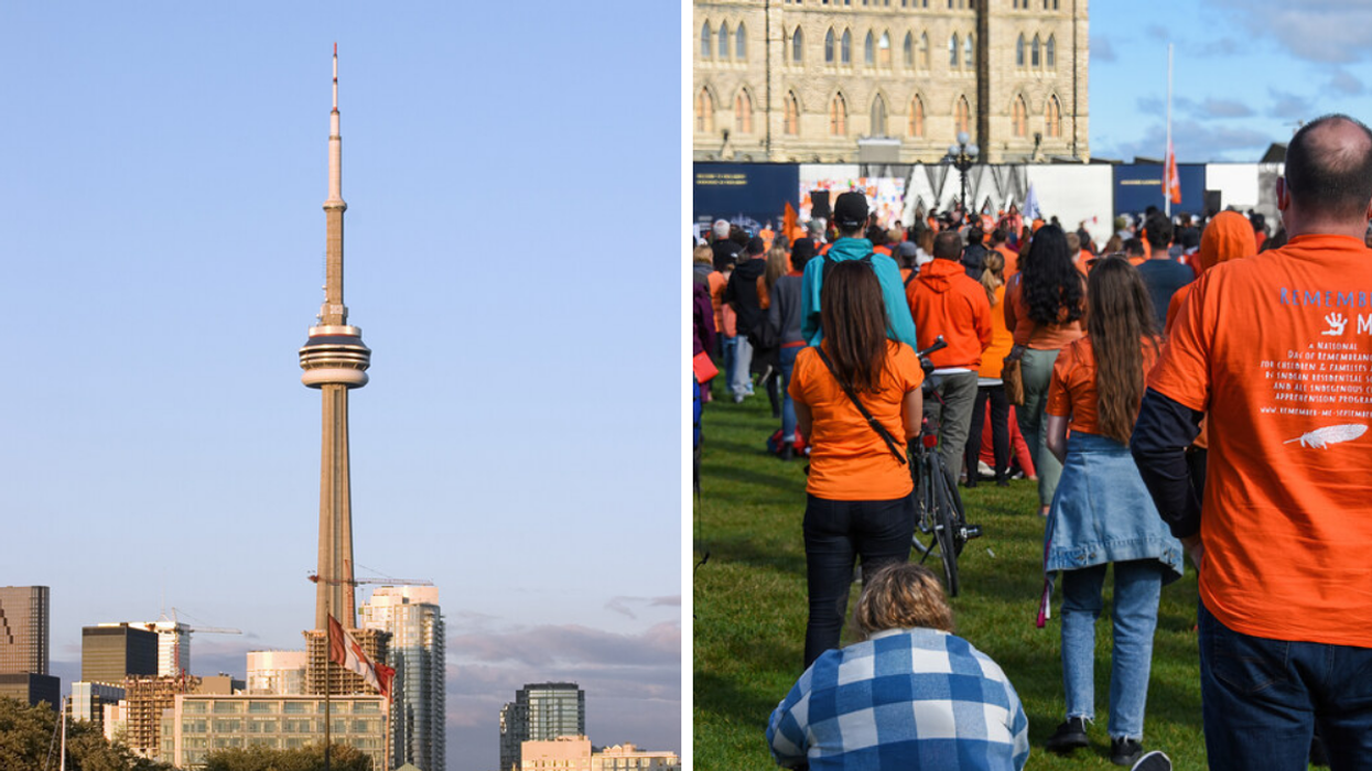CN Tower. Right: National Day for Truth and Reconciliation gathering.