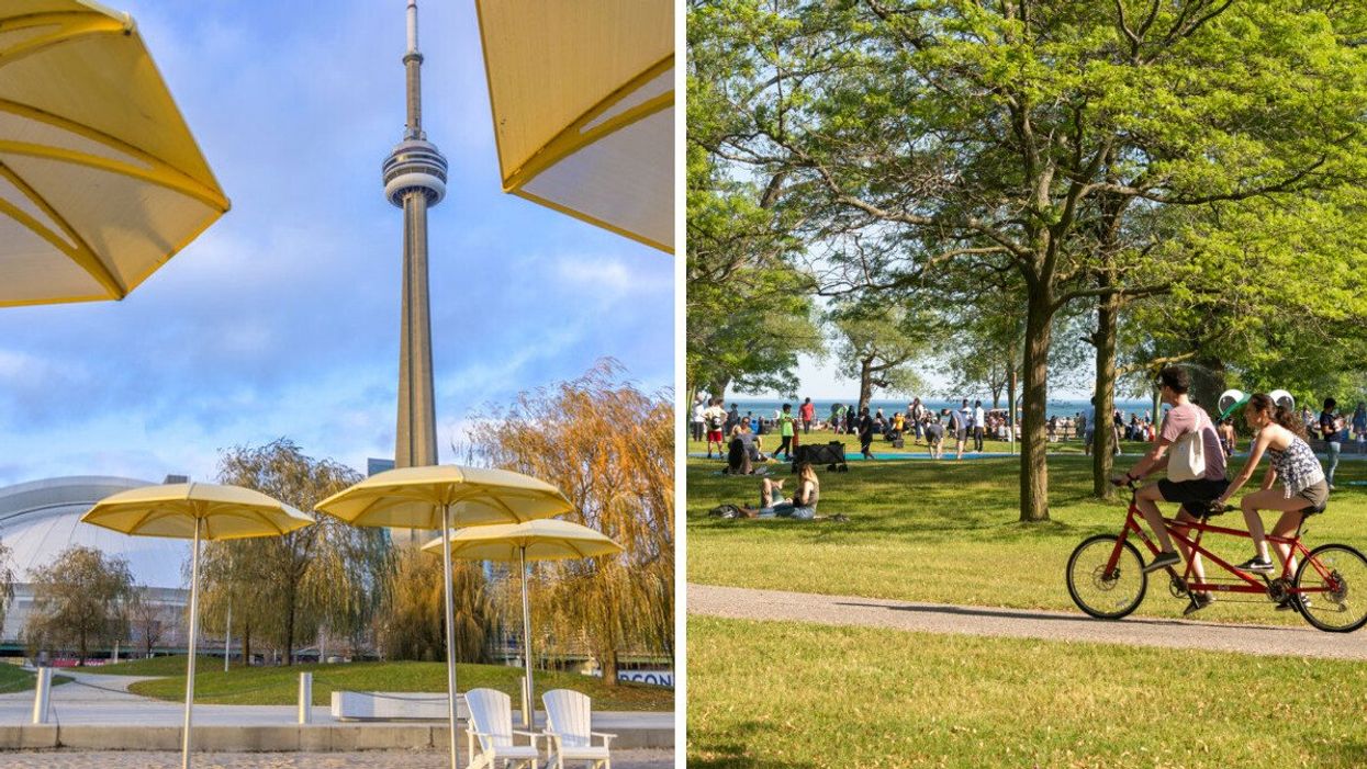 CN Tower. Right: People riding their bikes in Toronto.