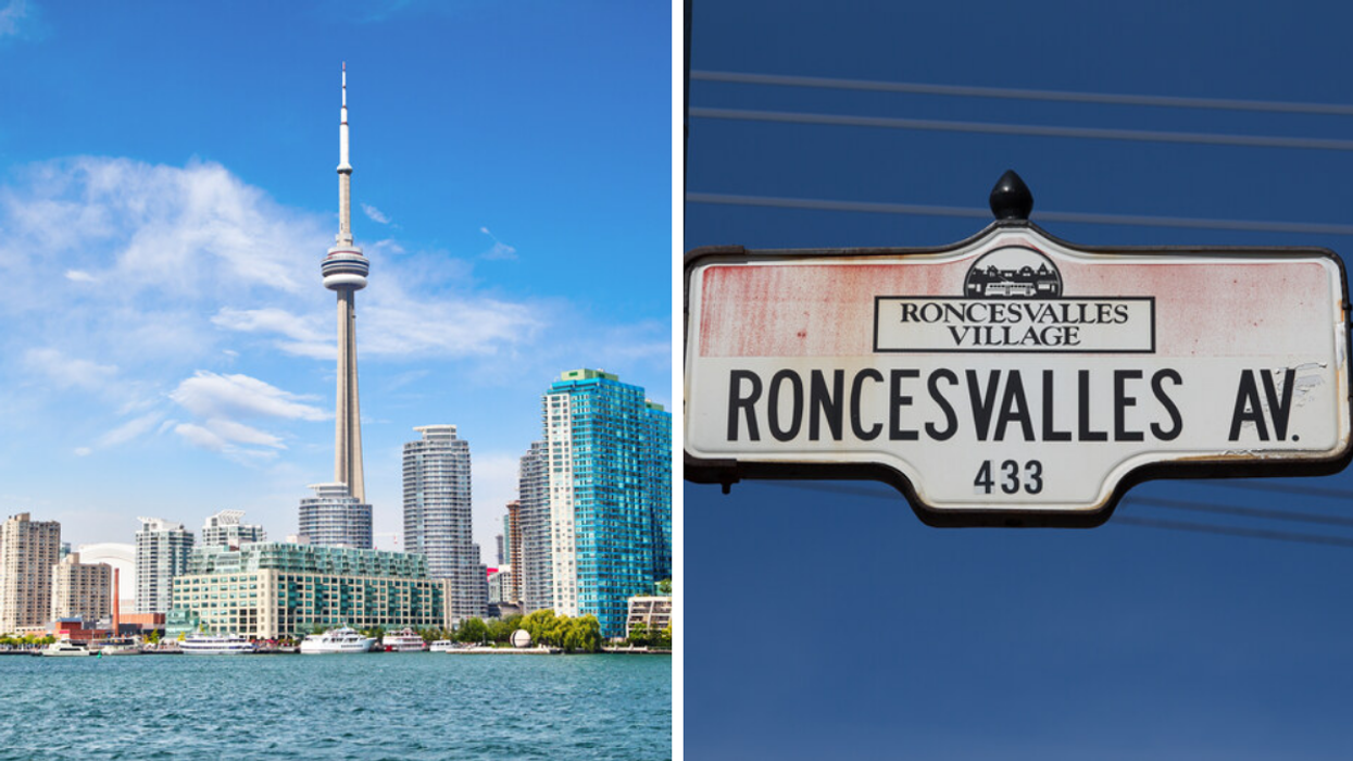 CN Tower. Right: Roncesvalles Village sign.