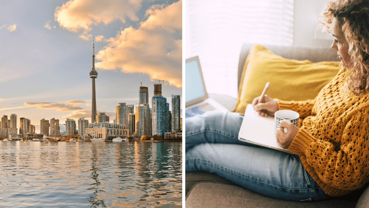 CN Tower. Right: Woman working from home.