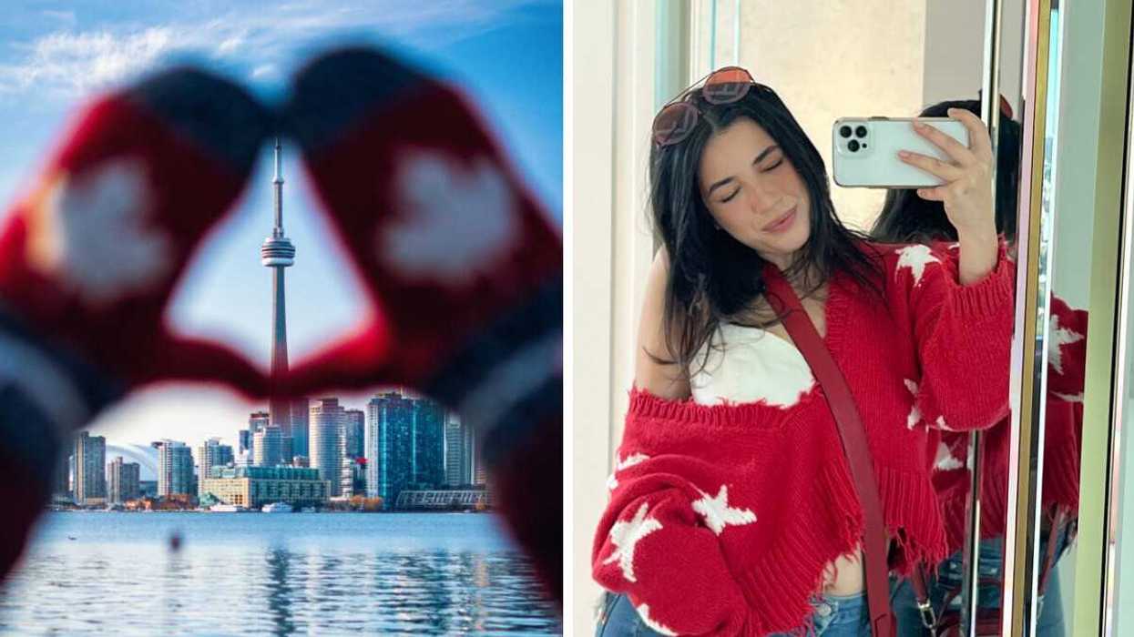 CN Tower through heart hands; woman in red sweater takes a mirror selfie.