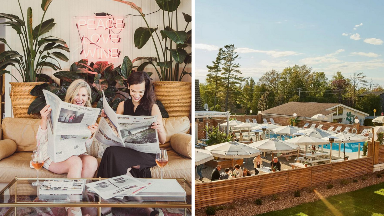Co-owners of The June Motel. Right: Pool and restaurant patio of The June Motel in Sauble Beach.