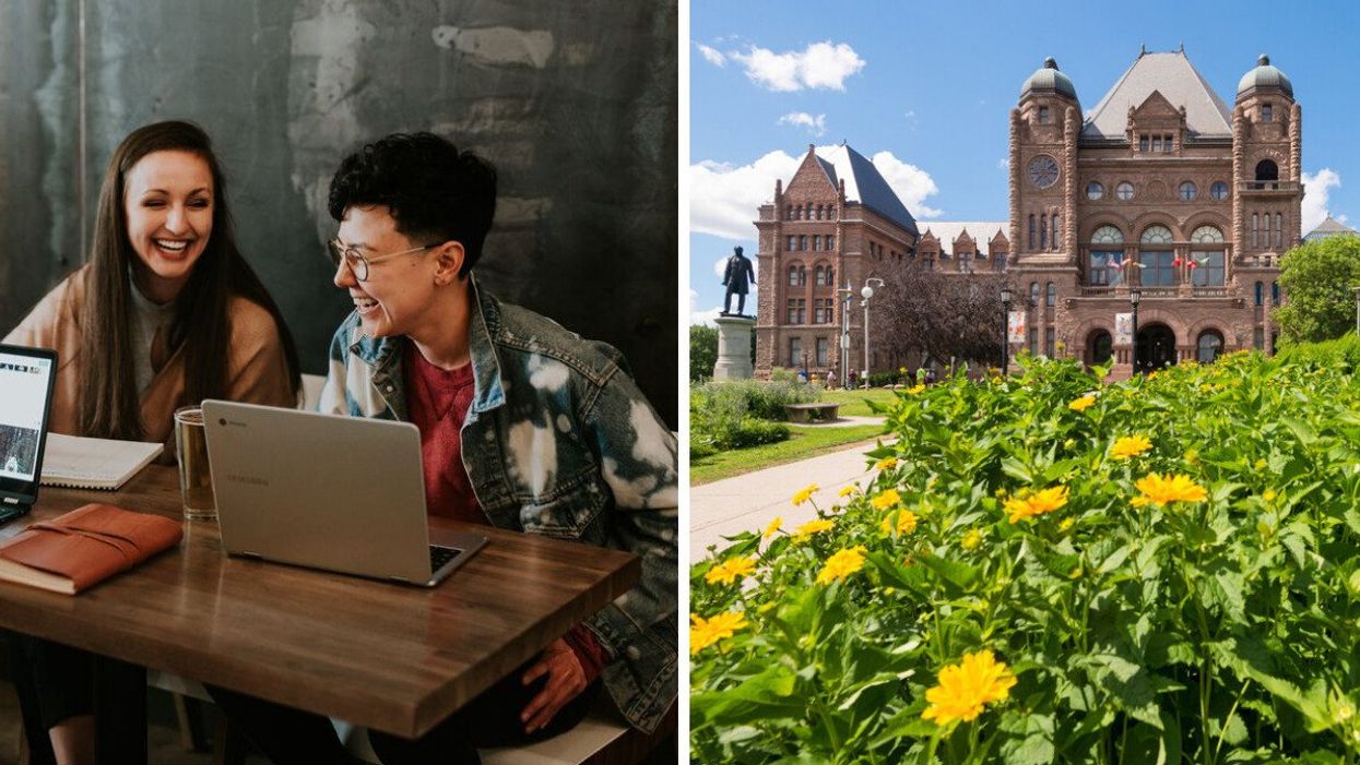 Co-workers smiling together. Right: Queen's Park in Ontario.