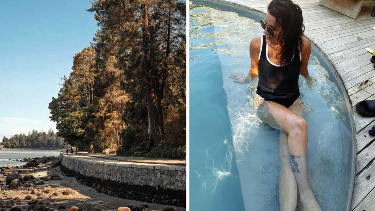 Coastal path along rocky beach with trees. Right: Girl in black swimsuit with sunglasses in pool.