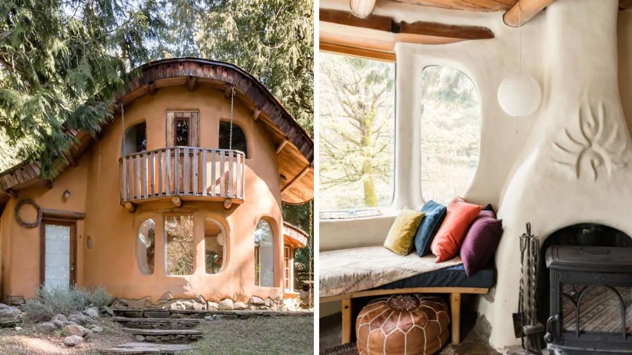 Cob Cottage outside view. Right: Inside reading nook and fireplace in the home.