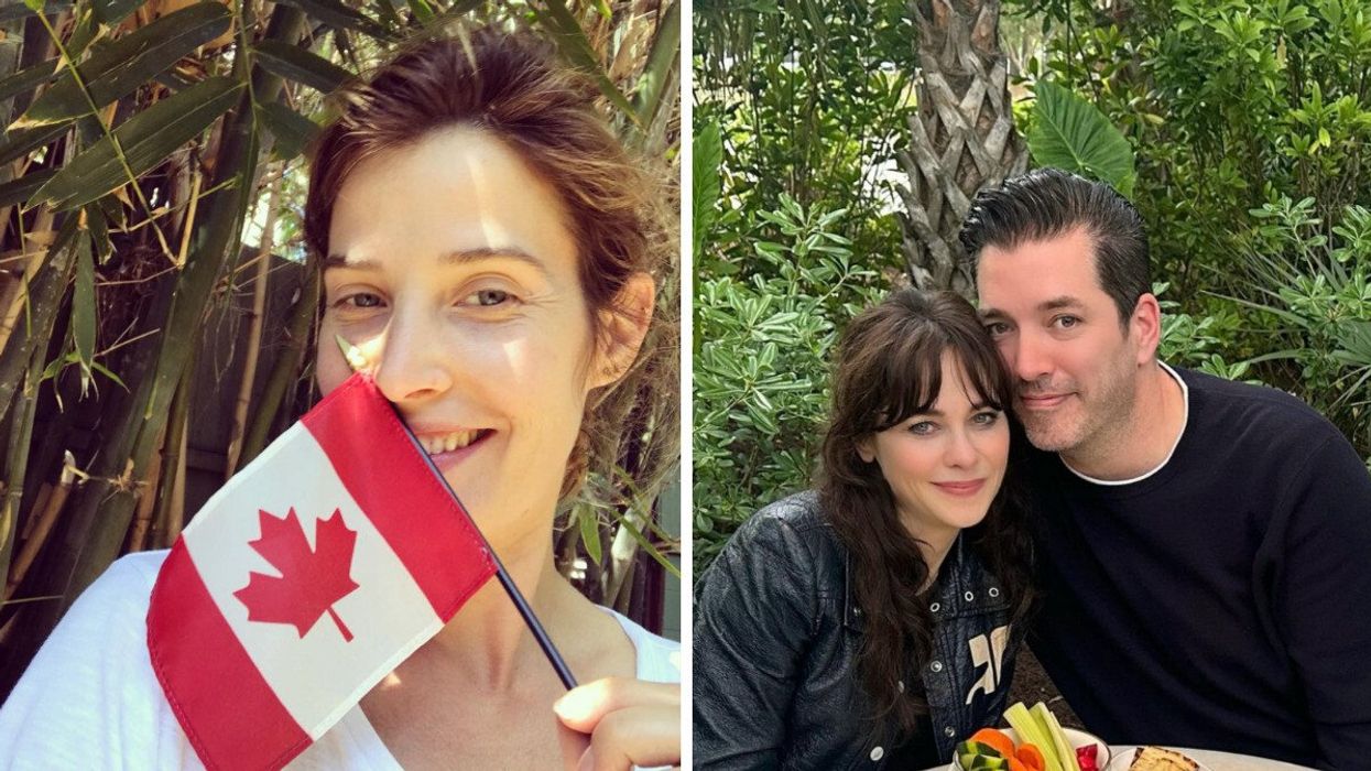Cobie Smulders holding a Canadian flag. Zooey Deschanel and Jonathan Scott sitting together.