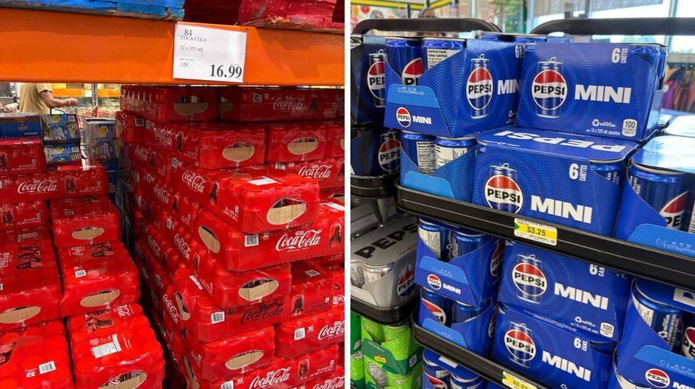 coca-cola cases at costco. right: pepsi mini cases at dollarama