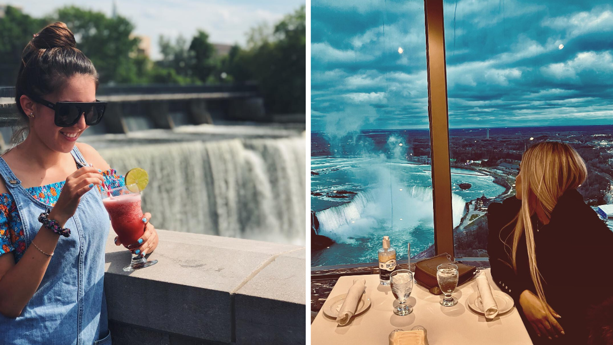 Cocktail at Tavern on the Falls. Right: Dinner view of Niagara Falls from Skylon Tower.