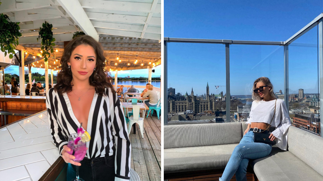 Cocktail on Umbrella Bar's patio. Right: View from Andaz Hotel, tallest patio in Ottawa.