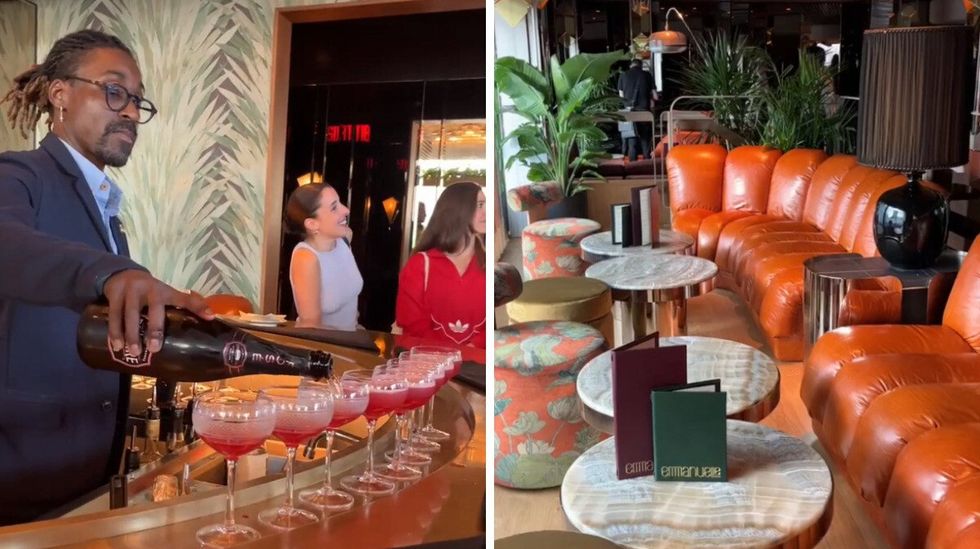 Cocktails de bienvenue lors de la soir\u00e9e de lancement. Droite : D\u00e9cor du nouveau Emmanuel Lounge \u00e0 Montr\u00e9al.