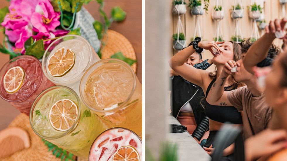 Cocktails du Ciel Rose. Droite : Personnes qui consomment des shooters au Ciel Rose.