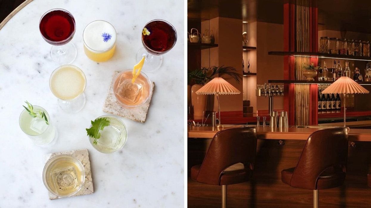Cocktails from Canada's best bar. Right: A dimly lit bar with vintage vibes.